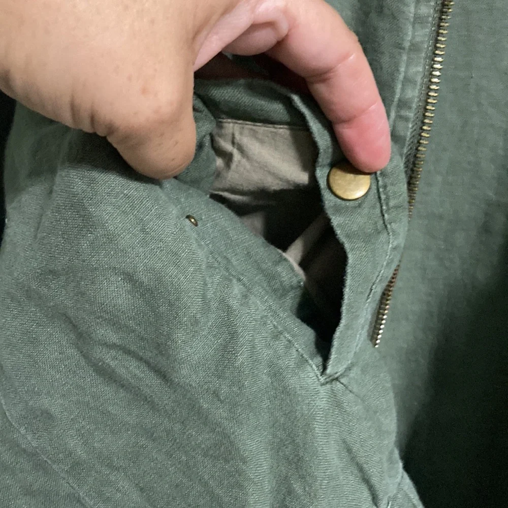 CYNTHIA ROWLEY LINEN Army Green Khaki Bomber Jacket Full Zip Long Sleeves Large
